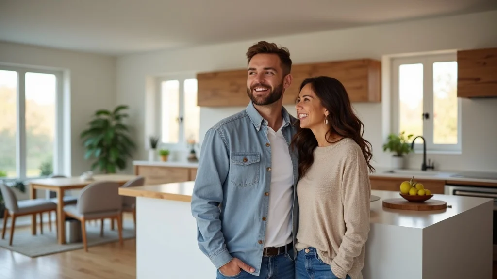 Renovated home interior featuring joyful homeowners inspecting a bright, freshly remodeled kitchen and living space with modern finishes and crisp detailing under soft evening lighting.