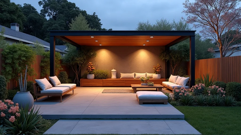 Collage of pergola, outdoor lighting, and built-in seating ideas for home remodel outdoor space
