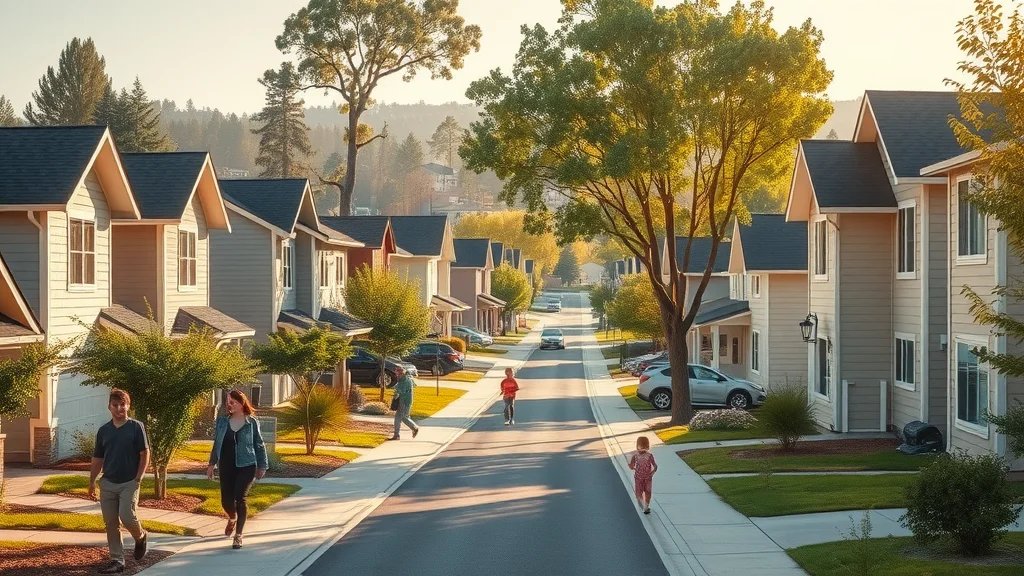 Modern suburban neighborhood with visible accessory dwelling units, embodying the rise in ADU popularity, mature trees, sunlit residential street — build an accessory dwelling unit