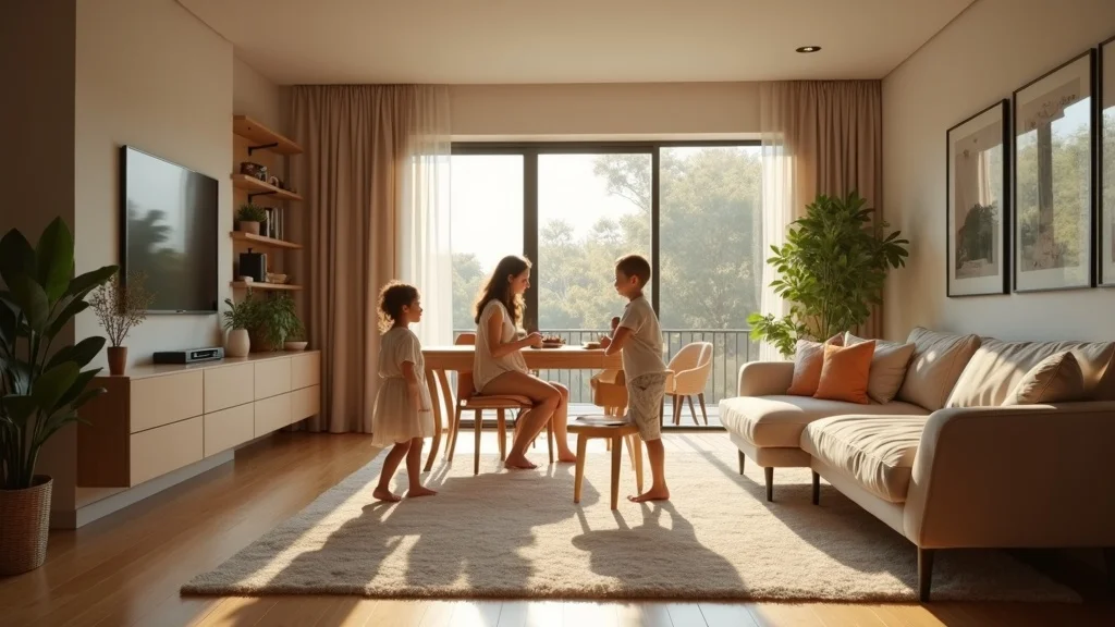 floor plan for modern home design Spacious open-plan interior with happy family in sunlit living and dining area