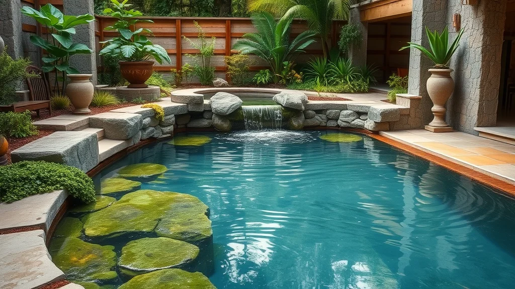 Rustic natural-style small backyard pool, stonework, native plants, small waterfall