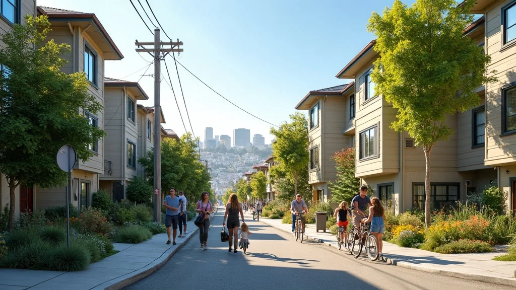 Trendy Bay Area home remodel residential street with eco-friendly houses, solar panels, and lush landscaping