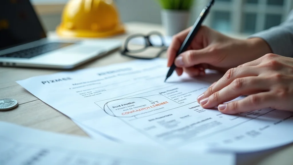Detailed contractor license documents with seals beside a hard hat and glasses. Papers and blueprints are neatly arranged on a well-lit office desk, highlighting official documentation under natural light.