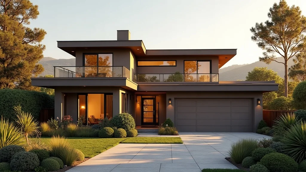 Elegant modern Bay Area home exterior with architectural lines, lush landscaping, and sunlight dappling the façade, showcasing luxury home renovation ideas