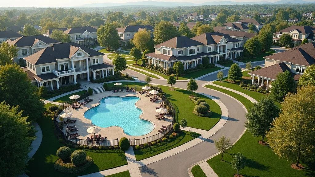 Birds-eye view of Saratoga Springs neighborhoods for new home construction, showing winding streets, luxury homes, and amenities.