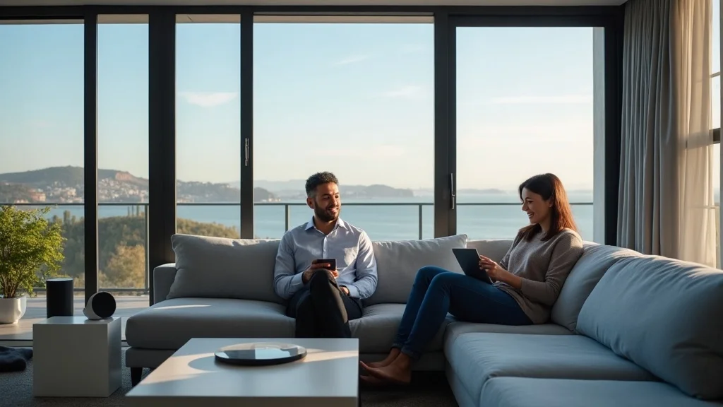 Sleek smart home living room with people interacting with smart devices, showcasing innovative home design and technology integration in Bay Area renovations