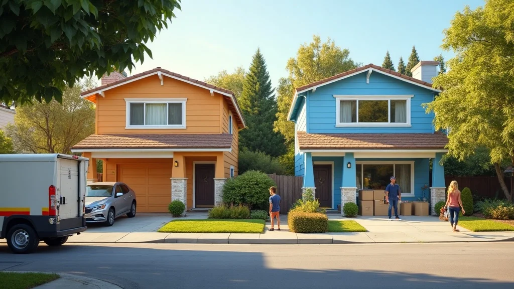 Inviting Bay Area neighborhood street, featuring a home addition project underway alongside a moving family. Home addition, moving comparison.