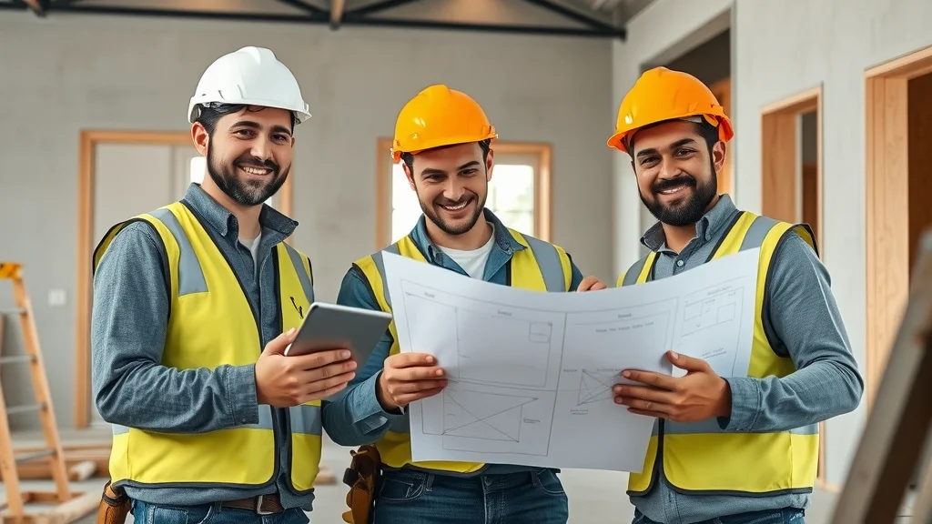 Professional renovation team reviewing accessory dwelling unit blueprints, construction site, organized tools — showcasing benefits of hiring professionals for ADU construction
