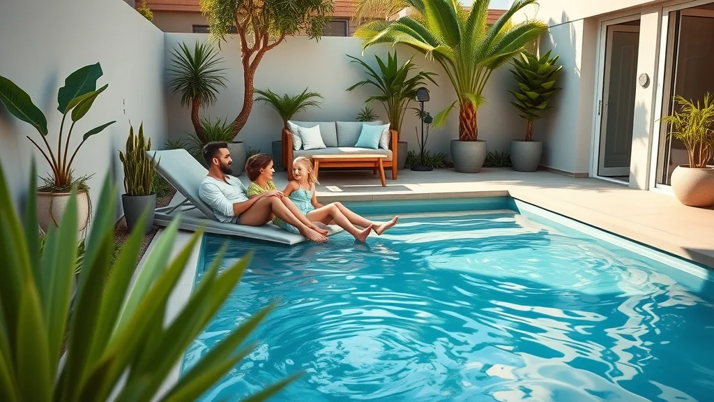 Inviting modern small backyard pool with compact pool, family lounging, lush greenery, and minimalist landscaping