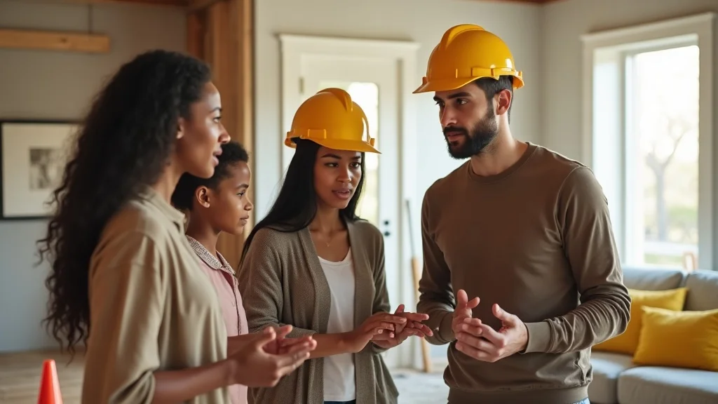 home renovation candid family meeting with contractor in partially renovated living space