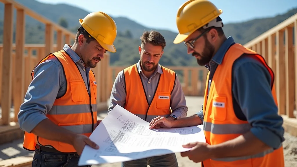 general contractor in San Jose house design and construction Crew collaborating over house blueprints on an active build site