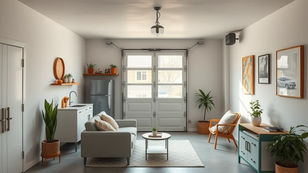 Transformed garage interior showcasing a compact finished accessory dwelling unit studio with kitchenette and furniture