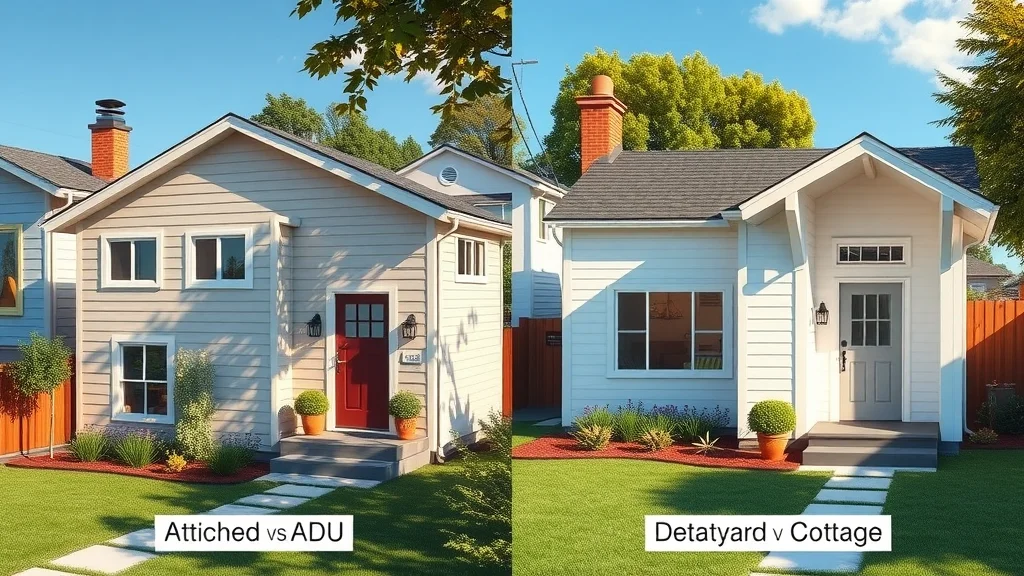Side-by-side comparison: attached vs. detached accessory dwelling units showing architectural details and landscaping differences