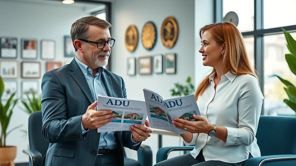 Financial advisor and client discussing ADU construction loans and incentives in a modern office — expert advice on how to fund your accessory dwelling unit