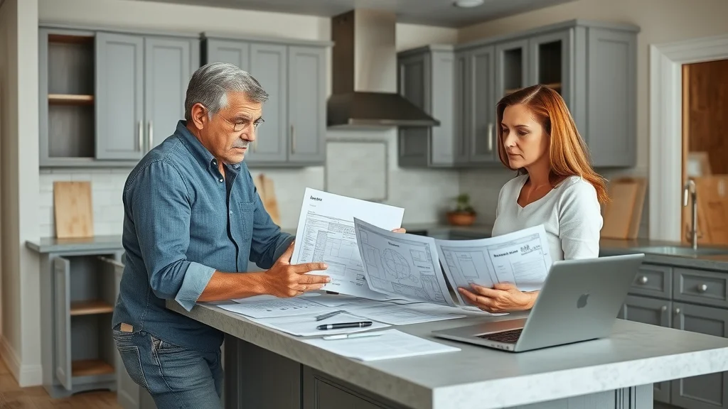 Concerned homeowner and contractor reviewing kitchen remodel costs, blueprints, cost sheets – renovation cost Bay Area
