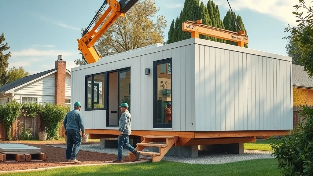 Modern prefab accessory dwelling unit being assembled by crane, residential lot — demonstrating a modular, cost-efficient ADU construction method