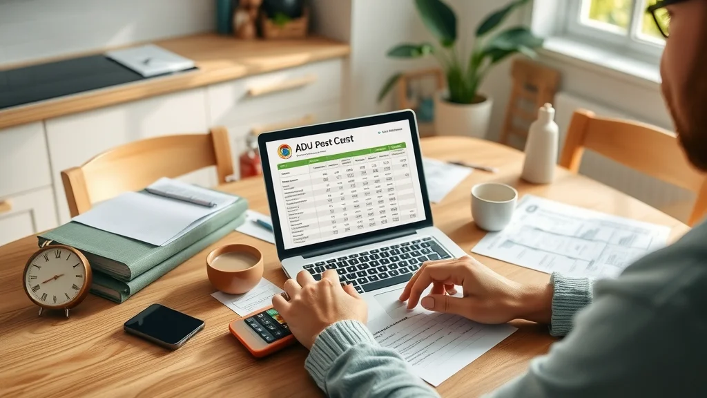 Homeowner budgeting workspace analyzing ADU cost spreadsheet and plans, sunlit kitchen — budget planning for accessory dwelling unit construction