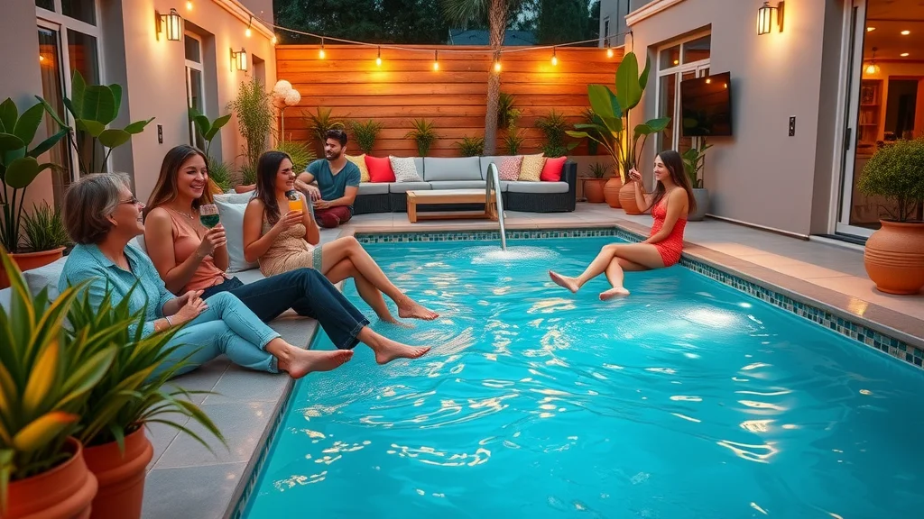 Fun inviting cocktail pool with friends enjoying integrated seating in a narrow backyard party
