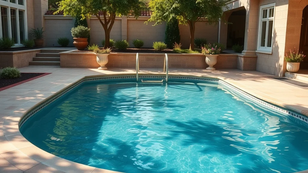 Timeless, elegant small inground pool in a stone-paved backyard with classic landscaping