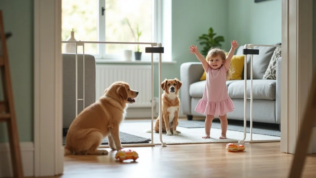 home remodeling safety child and dog behind safety barrier during home remodel with toolboxes and pet gate