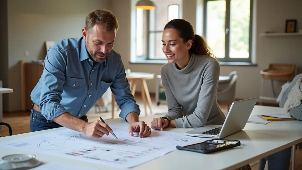 Bay Area home remodel contractor and homeowner reviewing renovation plans and materials in sunlit home office