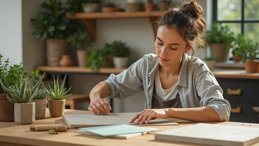 Eco-friendly home renovation material samples like bamboo flooring, recycled glass countertops, and insulation - sustainable building materials for Bay Area home remodel