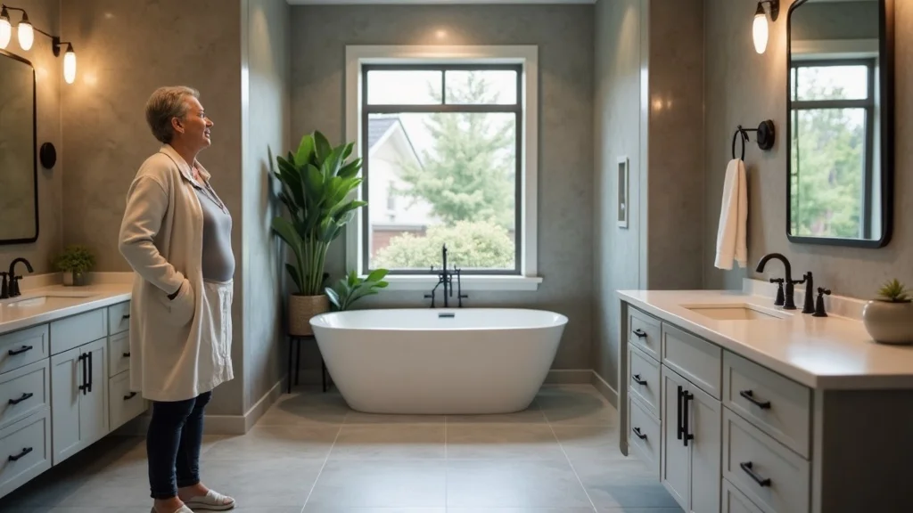 bathroom remodel for house design and construction Relaxed homeowner in a luxury bathroom with high-end finishes
