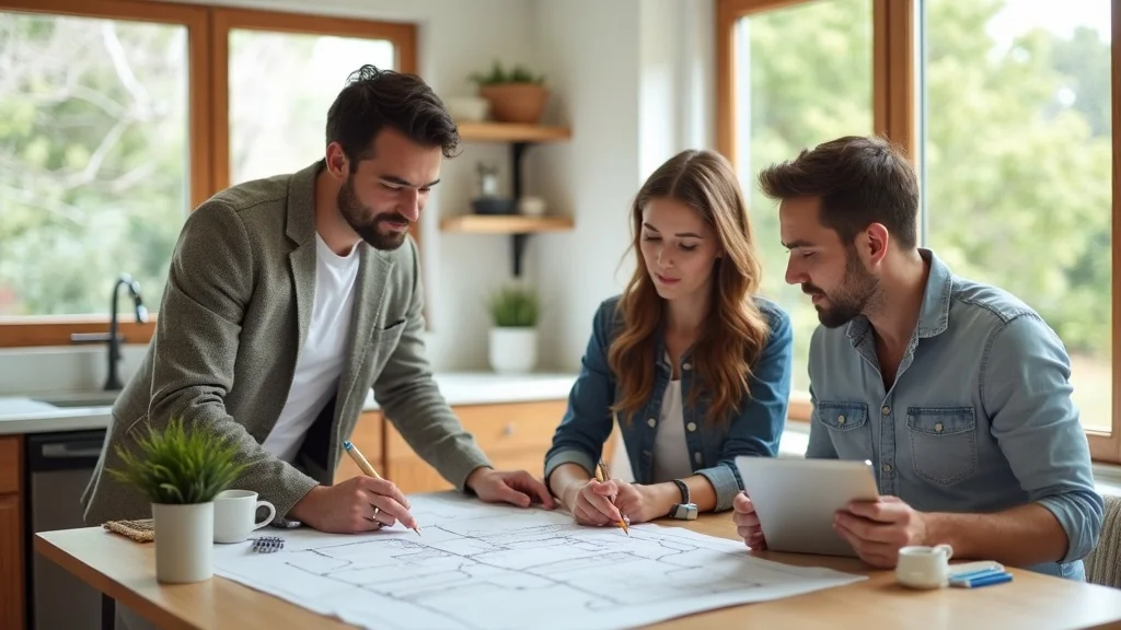 Collaborative home renovation planning scene with homeowners and a designer reviewing floor plans, representing the renovation process in a modern Bay Area kitchen