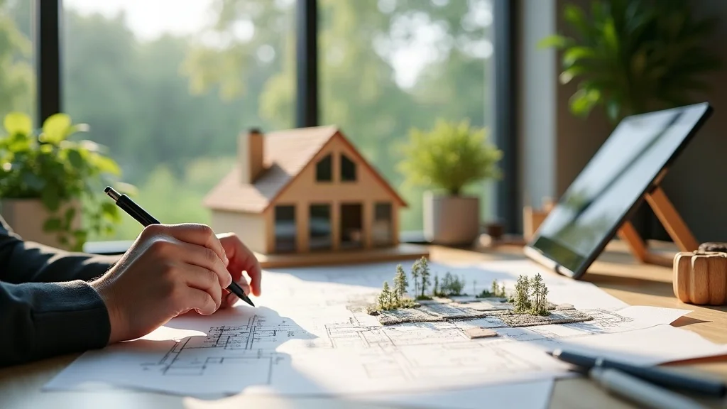 Architect designing an eco-friendly, energy-efficient new home in Saratoga with digital models and solar panels in the workspace.