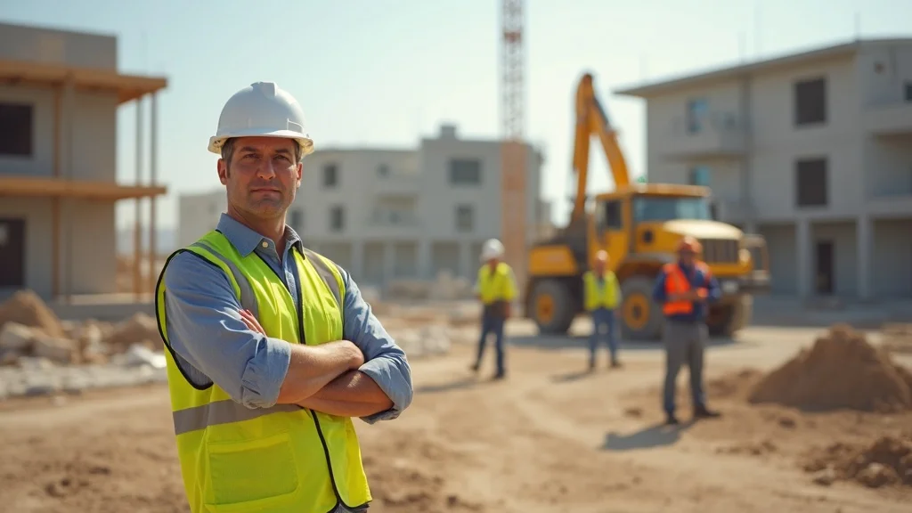 Authoritative construction site supervisor overseeing work outdoors. An active job site with workers, construction vehicles, and a partially built home appears in the background under bright daylight, with vibrant details highlighted for realism.