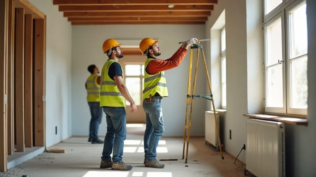 workers measuring and marking walls during home remodel in San Francisco Bay Area