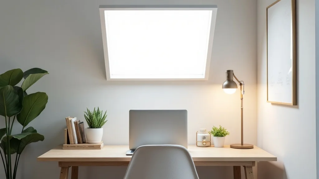 remodel for natural light and air flow: windowless Bay Area home office with daylight LED panel, reflective surfaces, whitewashed walls