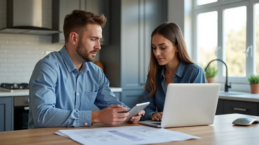 home renovation homeowner and contractor review renovation schedule on tablet in modern home office