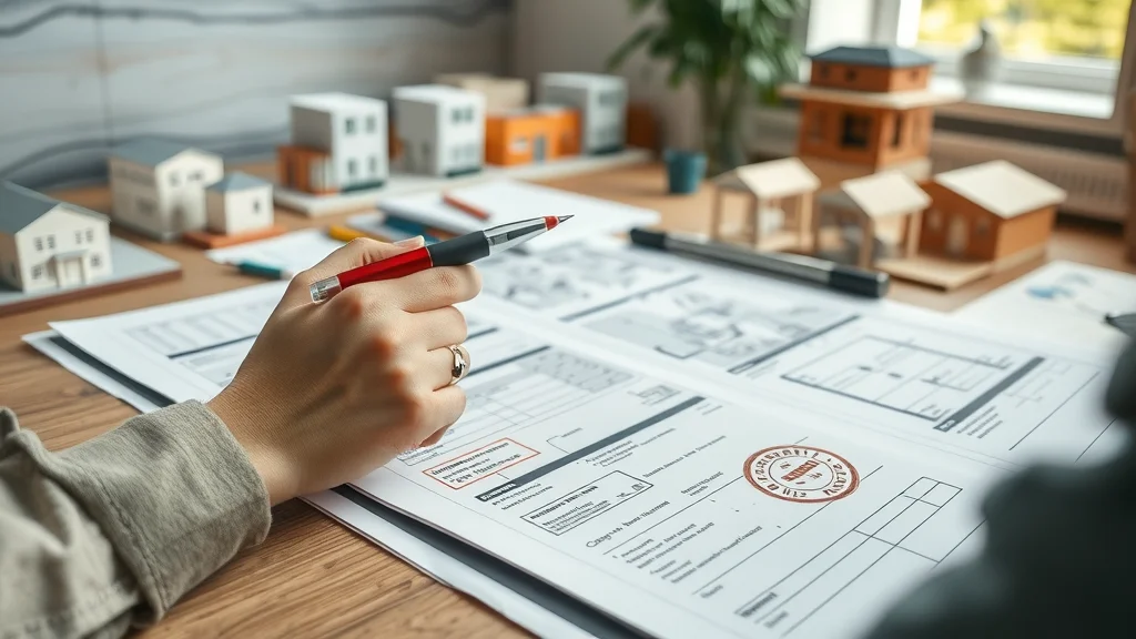 City planning desk with accessory dwelling unit building permits and blueprints, municipal office, construction documents