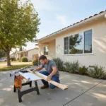 Building contractor measuring framing lumber on a 1960s stucco ranch home near PayPal Park in San Jose.