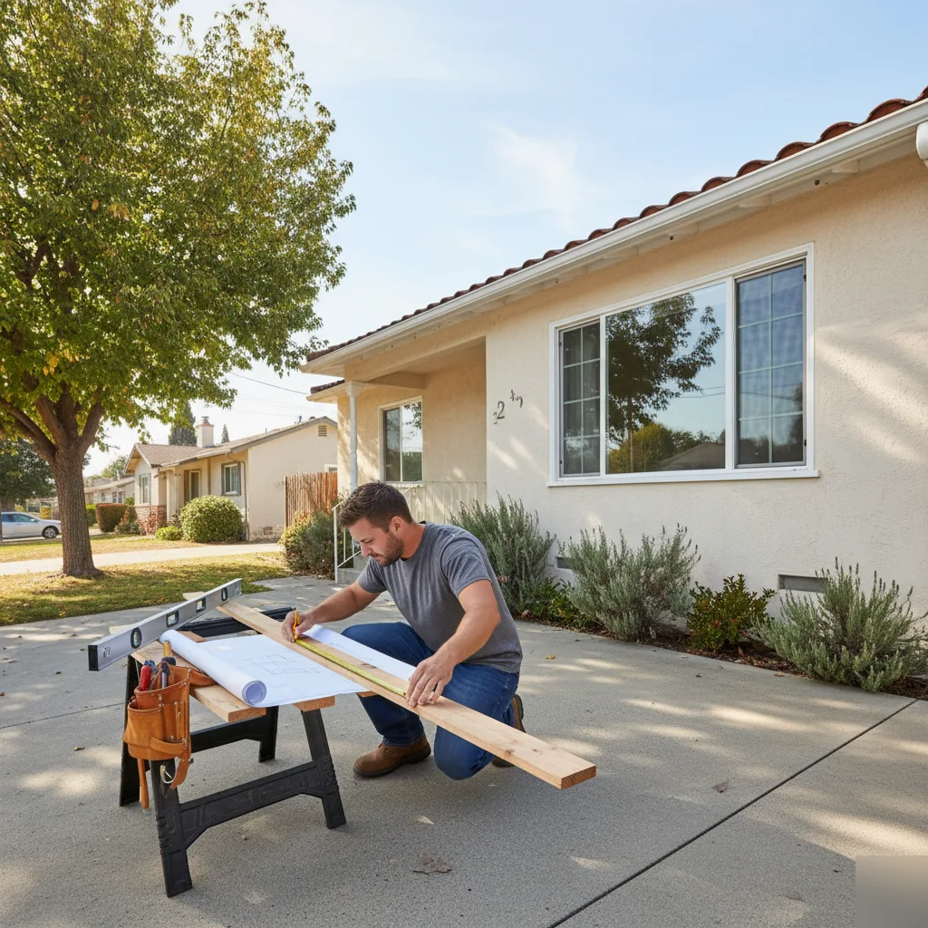 Building contractor measuring framing lumber on a 1960s stucco ranch home near PayPal Park in San Jose.