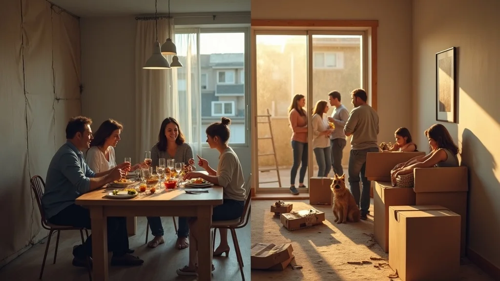 Split-scene: Family in home addition construction zone versus moving to new home. Room addition disruption, relocation stress.