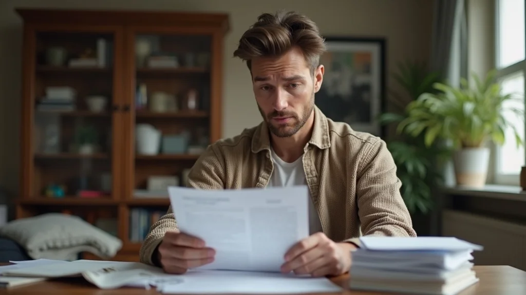 Cautious homeowner reviewing incomplete contractor documents in a modest living room, surrounded by unorganized papers and displaying an anxious expression under muted lighting.