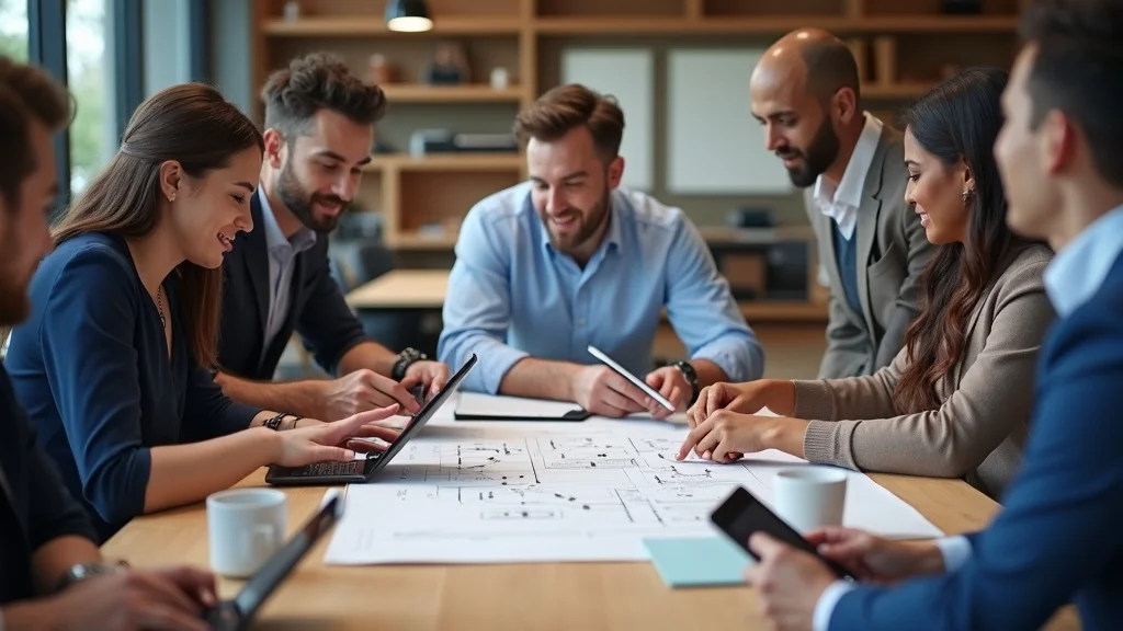 Collaborative construction team meeting around a modern conference table, using digital tablets to review project schedules. Construction plans, coffee cups, and a diverse team are prominently featured under bright LED lights.