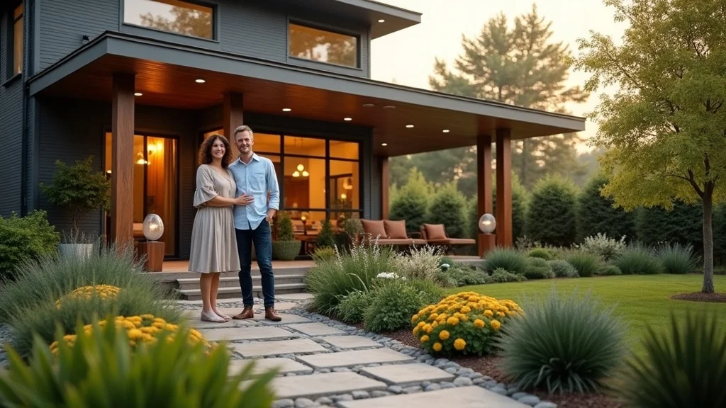 house design and construction Inviting modern home exterior in a landscaped suburban neighborhood with owners on the porch at golden hour