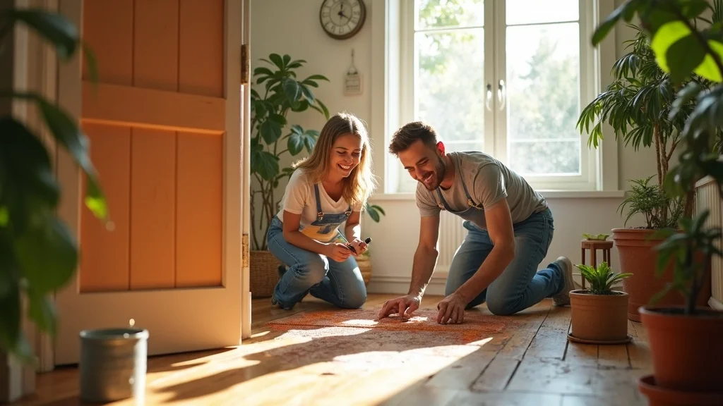 Inspired couple painting vintage door during a DIY home remodel project in a bright Bay Area sunroom