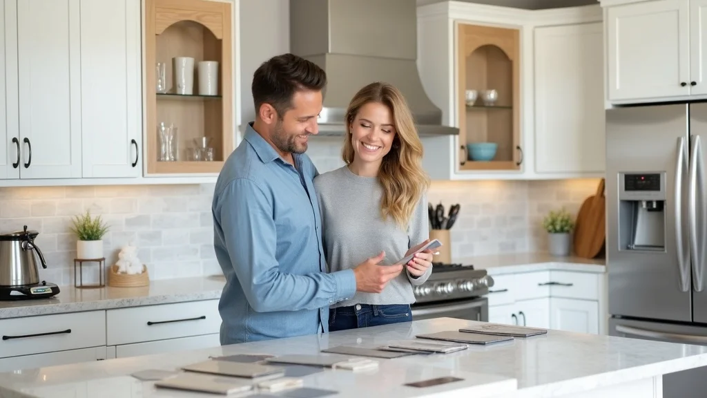 kitchen remodel for house design and construction Delighted homeowners reviewing finishes in a modern kitchen with a designer