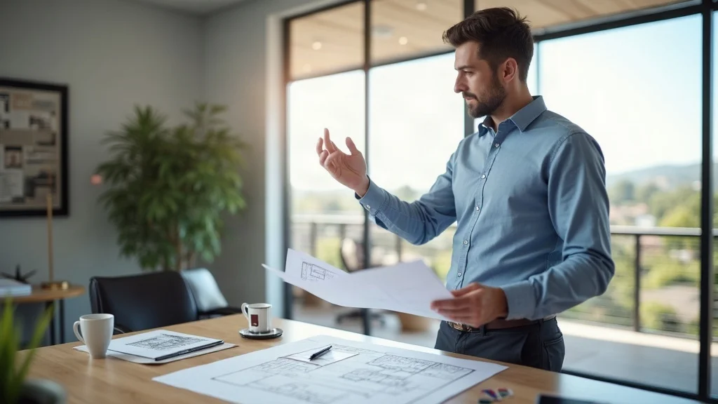 Project manager reviews home remodeling plans in sunlit Los Gatos office