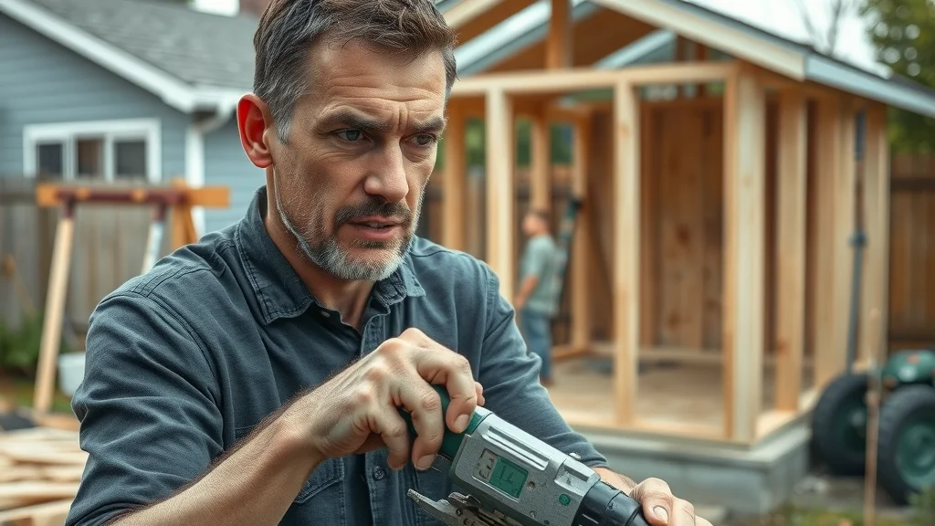 Homeowner building an accessory dwelling unit: hands-on DIY construction with tools, clear ADU frame in residential yard