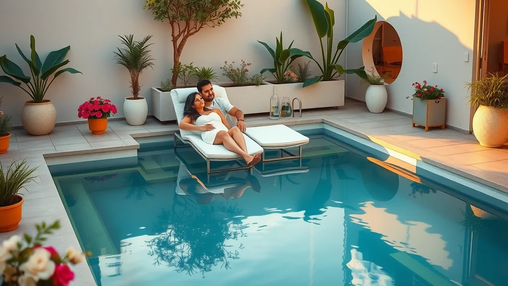 Chic, space-saving plunge pool in a tiny city garden, couple relaxing, surrounded by flowers and sleek decking