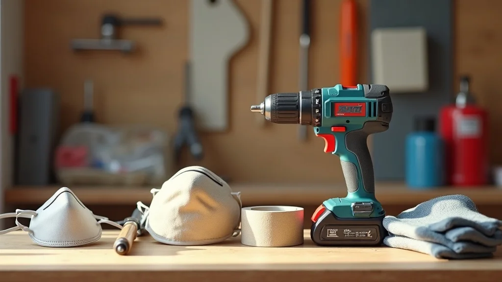 home renovation essential power tools and supplies for home remodeling arranged on wood workbench