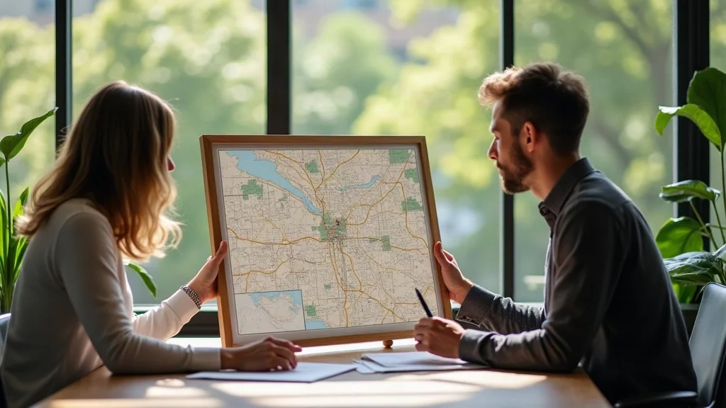 Modern map board highlighting Saratoga Springs neighborhoods for new home construction, showing couple evaluating real estate options.