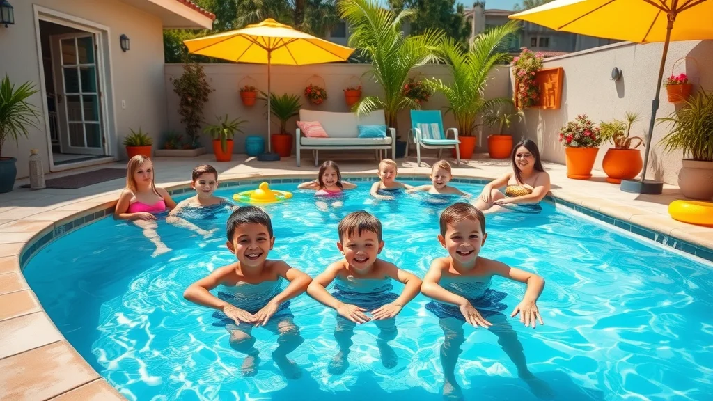 Sunny playful small backyard pool with tanning ledge, family relaxing in shallow water