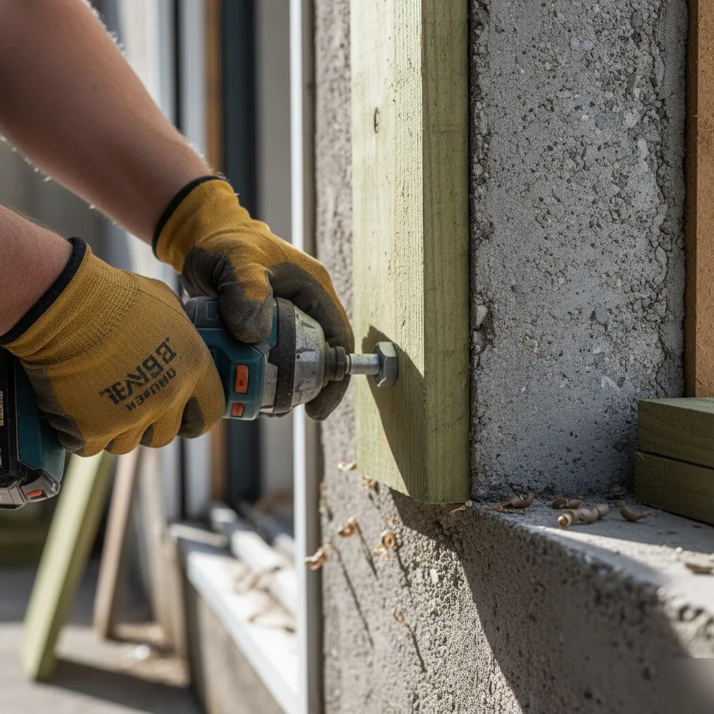 Hands driving a lag bolt through a pressure-treated ledger board into a concrete foundation wall with an impact driver.