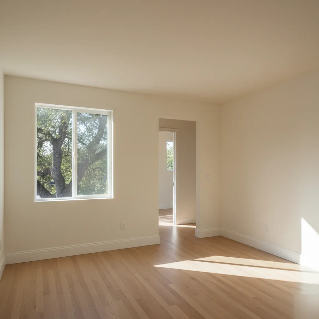 A completed home addition room with white walls, new hardwood floors, and a casement window overlooking a California oak tree.